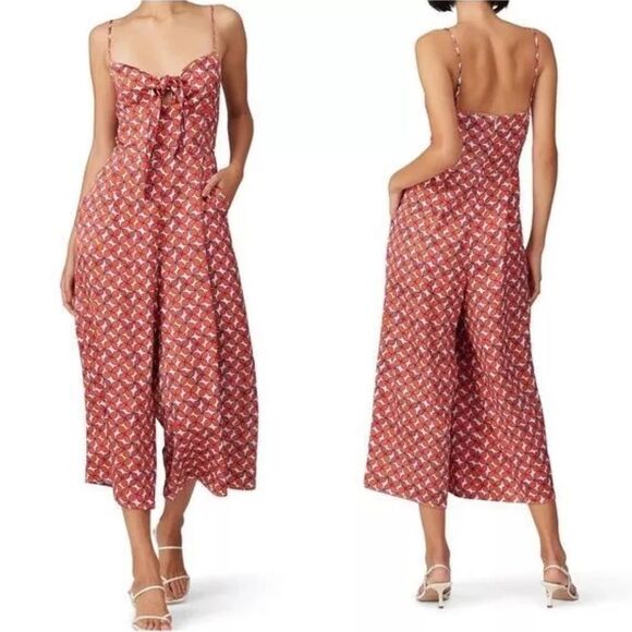 Haney Wide Leg Crop Silk-Like Bea Jumpsuit with Pockets in Coral Retro Floral 4